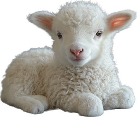 Fototapeta premium A lamb, lying down and facing slightly to the side lamb has white, fluffy wool and a pink nose cutout PNG on transparent background