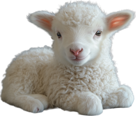 A lamb, lying down and facing slightly to the side lamb has white, fluffy wool and a pink nose cutout PNG on transparent background