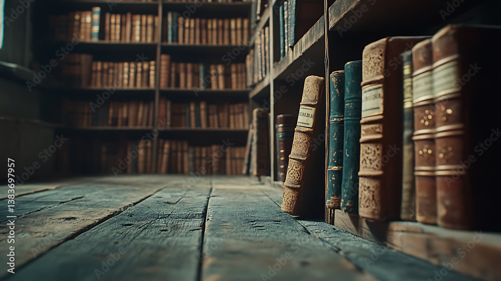 Poster old library bookshelf with old wooden floor