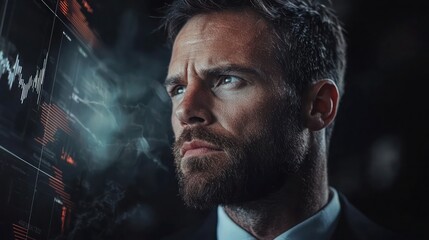 A pensive Caucasian man with a beard, dressed in a suit, contemplating data visualizations.