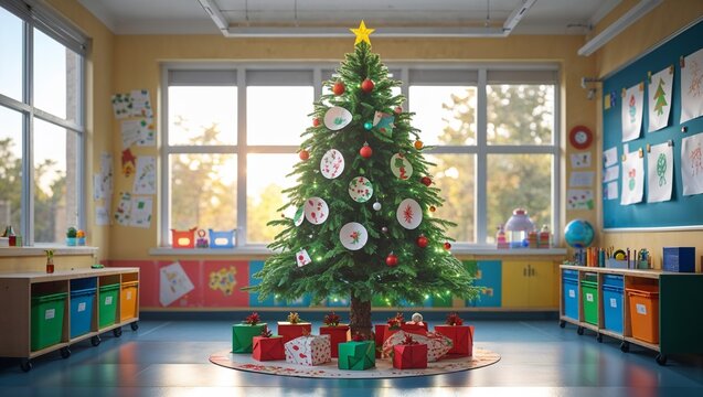 Christmas tree decorated with ornaments and gifts in a classroom  