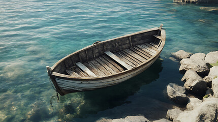 Obraz premium Old wooden boat in the sea near the shore