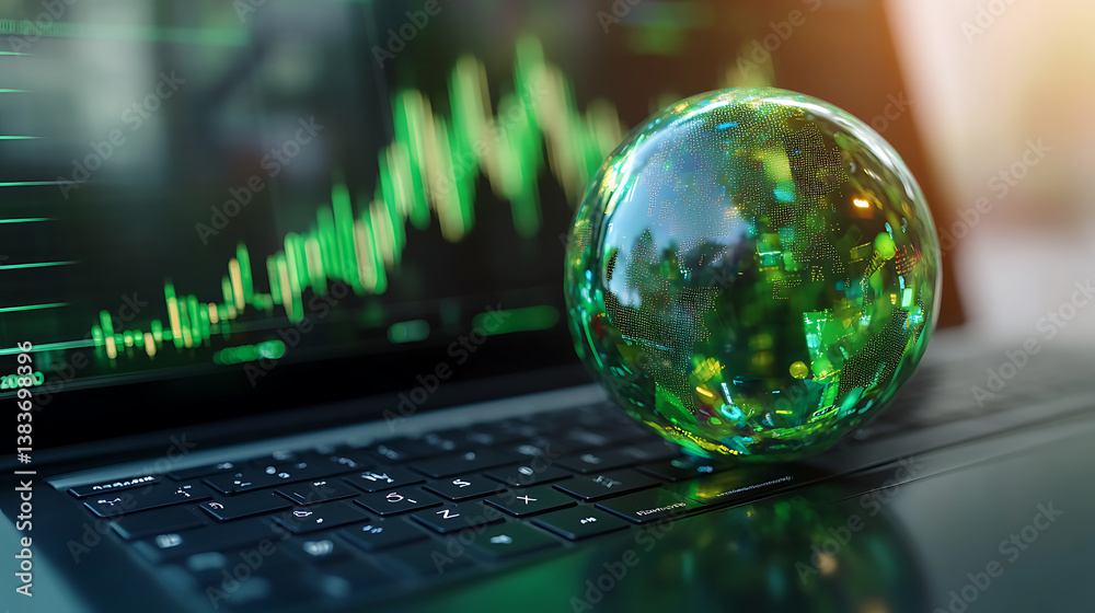Poster on a laptop screen, there is a green globe on the keyboard, with a stock graph on the screen, green 