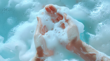 Fototapeta premium On a light blue background, hands are bathed in soap foam