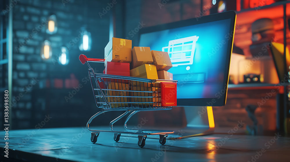 Poster online shopping concept with cart full of parcels sitting in front of computer display