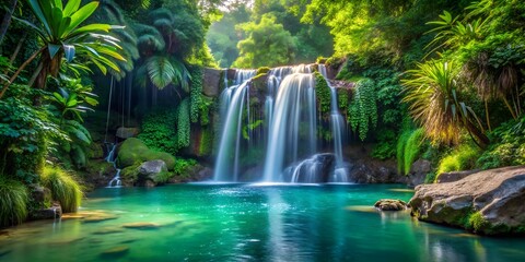 Waterfall Paradise: The image captures the majestic beauty of a waterfall cascading into a serene turquoise pool, surrounded by lush greenery.