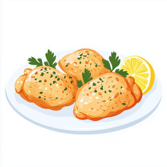 Baked chicken thighs on a plate with herbs and lemon, minimalist style  
