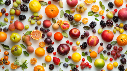 Organic and healthy fruits and vegetables on white background, top view, copy space, world vegan day
