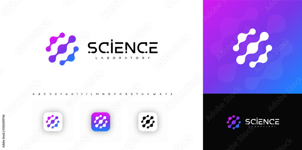 Poster molecule science symbol with gradient color, futuristic font, evokes innovation, connection, progres