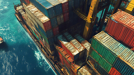 Fototapeta premium Overhead aerial view of a container cargo ship