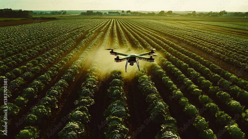 Poster panorama agriculture drone fly to sprayed fertilizer on cabbage field, smart farmer use drone for va