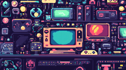 Fototapeta premium Retro Tech Wonderland: A visually captivating assortment of retro technology components comes to life, showcasing a vintage aesthetic and the evolution of technological innovation