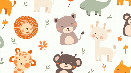 Naklejka premium Cute Safari Animal Cartoon Pattern: This whimsical illustration presents an endearing arrangement of cartoon animals from the safari, each brought to life with playful details and joyful expressions.