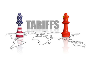 Chess made from USA and China flags on a world map. China and United States of America trade, duty...
