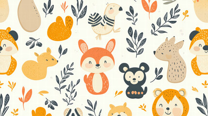 Playful Animals: A lively and colorful illustration featuring a variety of endearing cartoon animals set against a delicate and patterned backdrop, exuding a sense of warmth, friendship.