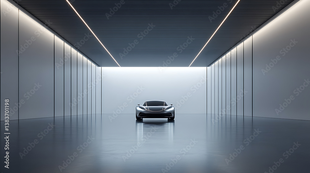 Poster Perspective view on blank white floor with place for product or car presentation in empty room with led lights on top, 3d rendering, mock up