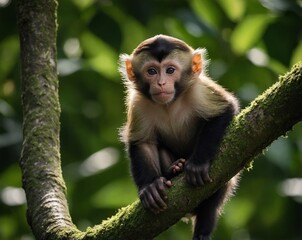 Playful capuchin monkey cracking open a coconut on tree branch in tropical jungle