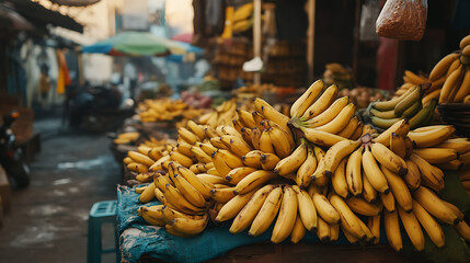 Pile of ripe bananas at market stall, bananas bunches at street market