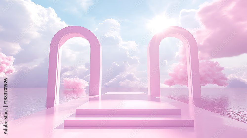 Aufkleber Pink rendering with podium and minimal cloud scene, minimal product display background 3d rendered geometric shape sky cloud pink pastel, podium, pedestal