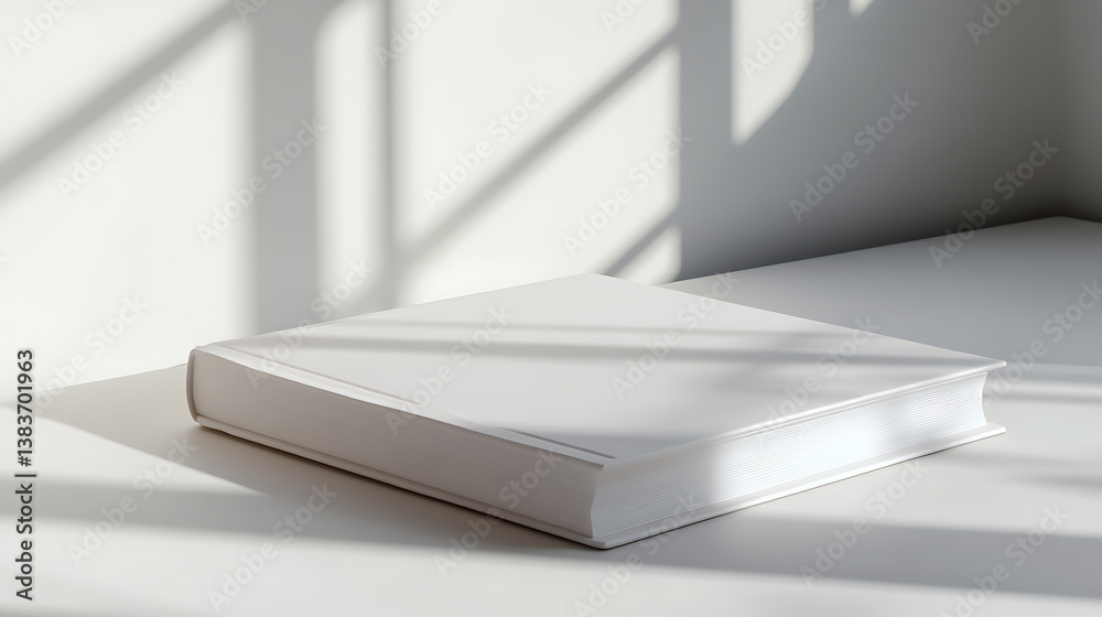 Aufkleber Plain white book on sunlit table with shadow patterns in daylight