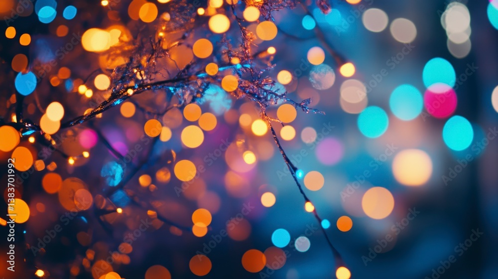 Poster illuminated branches with bokeh lights at night.