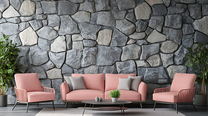 Fototapeta premium Pink sofa and chairs near decorative stone wall, interior design of modern living room