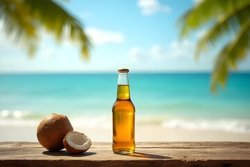 Obraz premium Bottle of cold beer on blurred beach background. Beer mug. Refreshment and party concept. Alcohol beverage menu