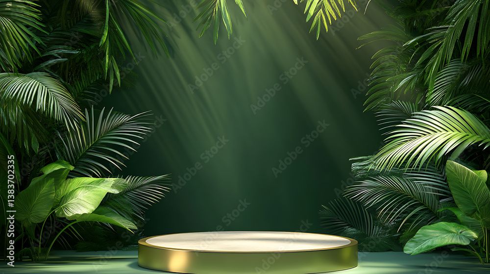 Poster podium scene with palm leaf summer platform, background display 3d rendering with podium, podium, pe