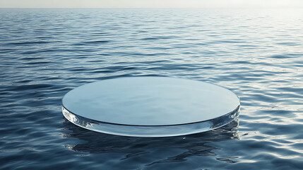 Podium on water ripples backdrop, a glass circle on the background of the sea, modern promotion mock up, high quality 3d render