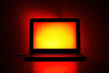 A glowing laptop screen illuminating a dark room with warm colors, suggesting creativity and focus