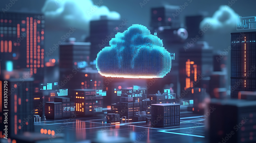 Poster Process of business digitization, with data being transferred and uploaded to a cloud server for storage and remote access