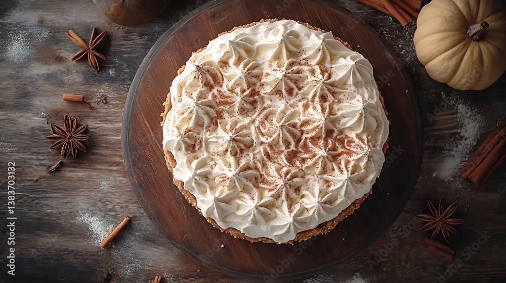 Poster pumpkin pie with whipped cream and cinnamon on a rustic background