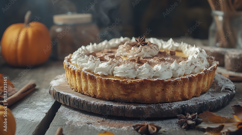 Poster pumpkin pie with whipped cream and cinnamon on a rustic background