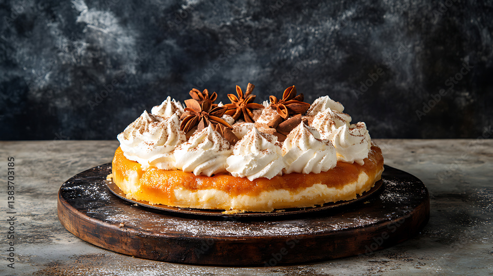 Poster pumpkin pie with whipped cream and cinnamon on a rustic background