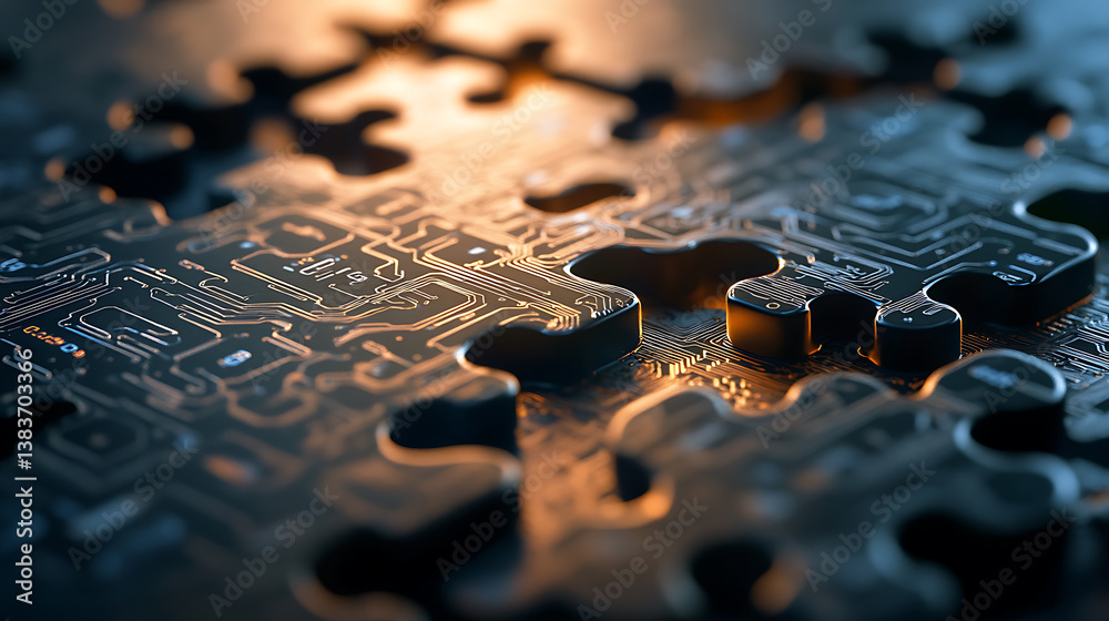 Fototapete Puzzle pieces with circuit patterns symbolizing microservices integration