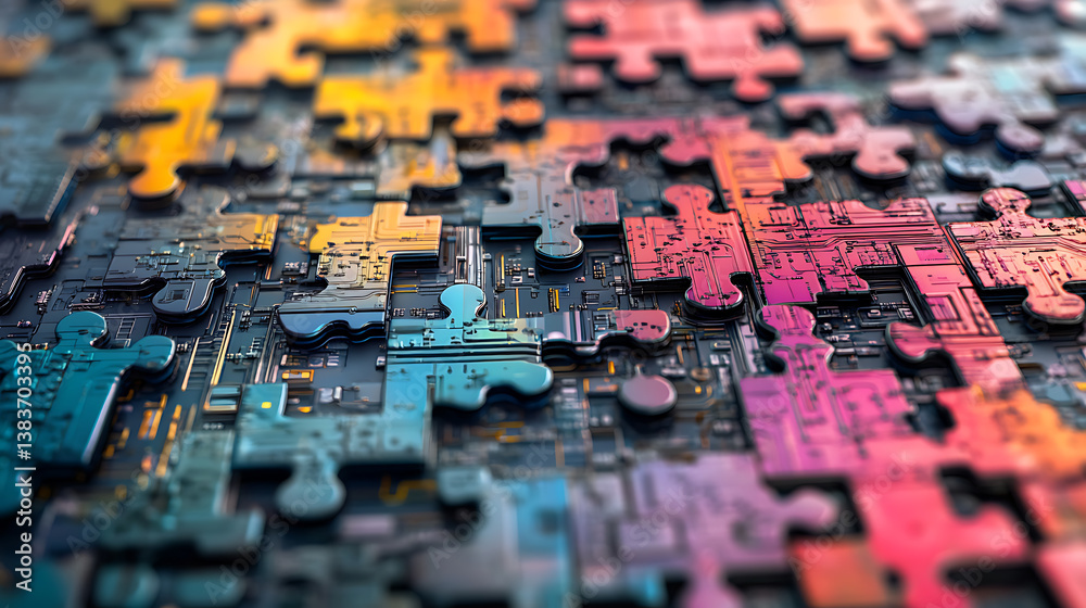Fototapete Puzzle pieces with circuit patterns symbolizing microservices integration