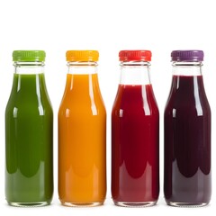 Four Colorful Bottles of Freshly Squeezed Juice on White Background