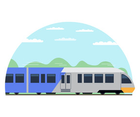 A simple illustration, a modern train against a sky with clouds.