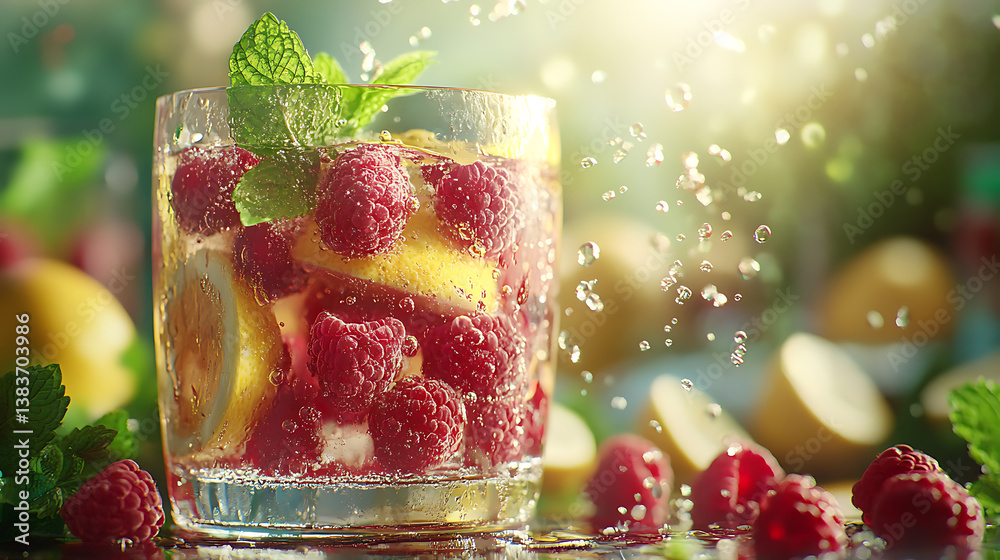 Aufkleber raspberry lemonade with fresh raspberries and mint in glass