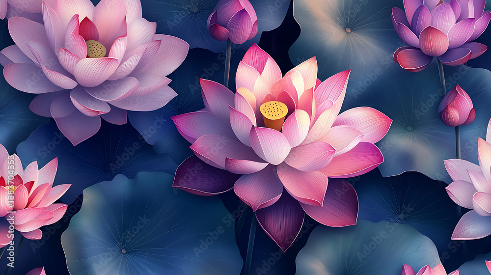 Aufkleber raster illustration of beautiful lotus flowers pattern, beautiful print from watercolor sketching ha