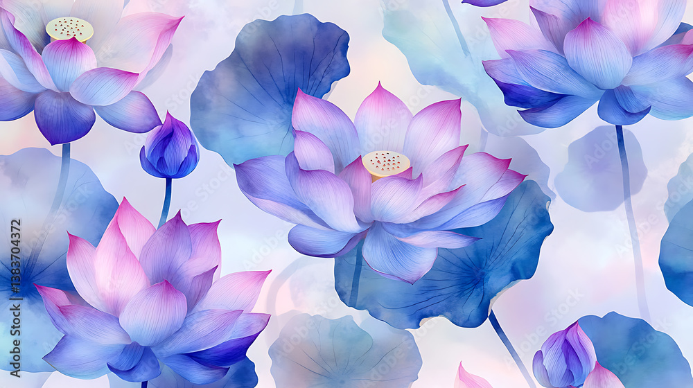 Poster Raster illustration of beautiful lotus flowers pattern, beautiful print from watercolor sketching hands on paper, stylish print for textile design and decoration, 3d render raster background