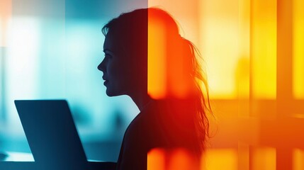 A woman's silhouette is highlighted in a creative, split-toned, colorful laptop scene.