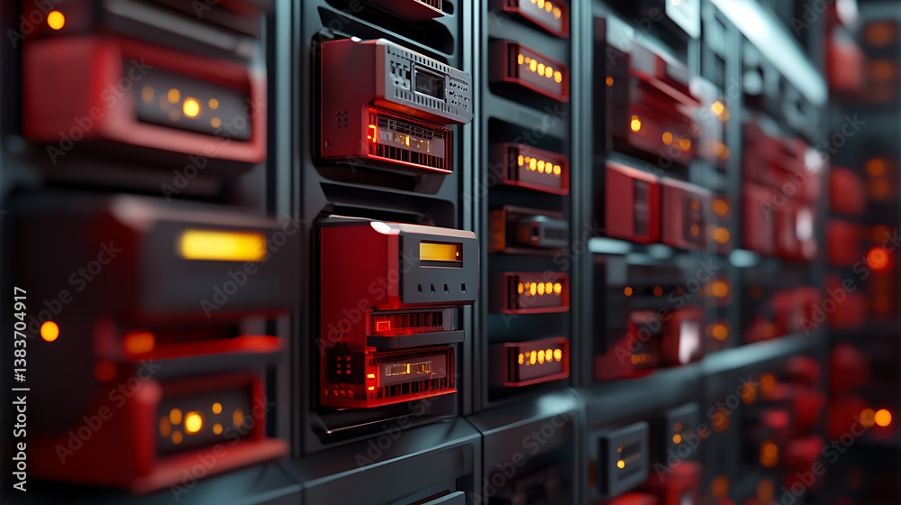 Poster raster illustration of remote server, cloud storage, hard disk, cyberpunk style, technology, passwor