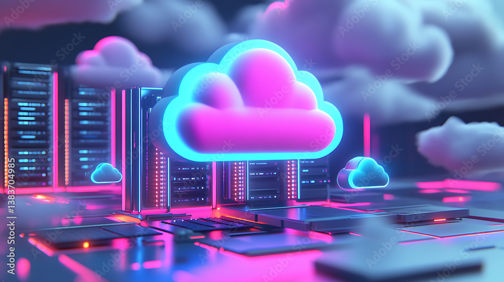 Poster raster illustration of remote server, cloud storage, hard disk, cyberpunk style, technology, passwor