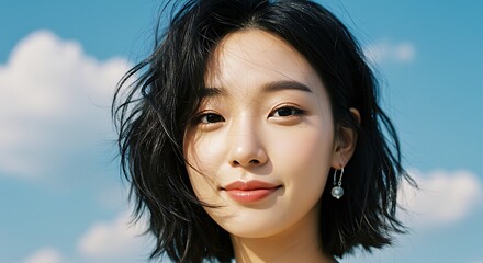Smiling Woman with Dark Hair Posing Against a Bright Sky