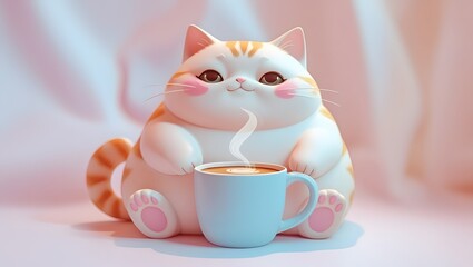 Cute Round Cat Enjoying a Warm Drink