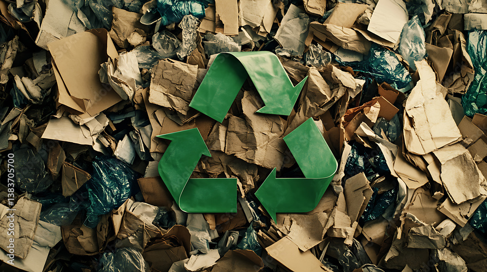 Poster Recycling symbol with three green arrows in a triangular loop, prominently displayed over a mixed assortment of discarded paper waste, highlighting the importance of recycling