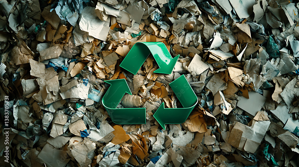 Poster recycling symbol with three green arrows in a triangular loop, prominently displayed over a mixed as