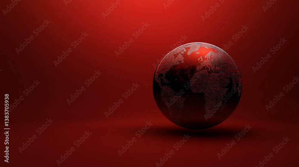 Fototapete red gradient background a digital earth globe with dots and lines in the center, dark red color sche
