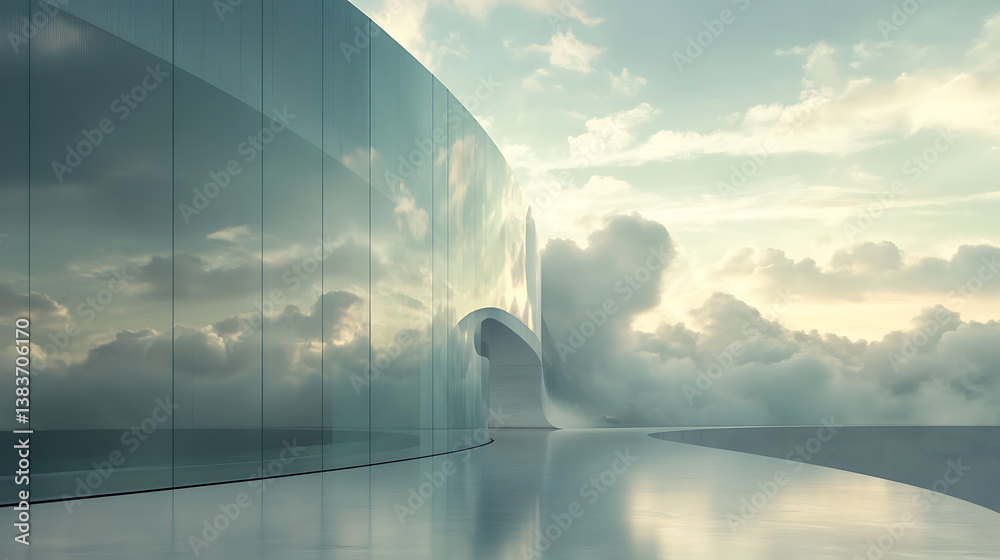 Aufkleber reflection of clouds in curve glass office building, 3d rendering
